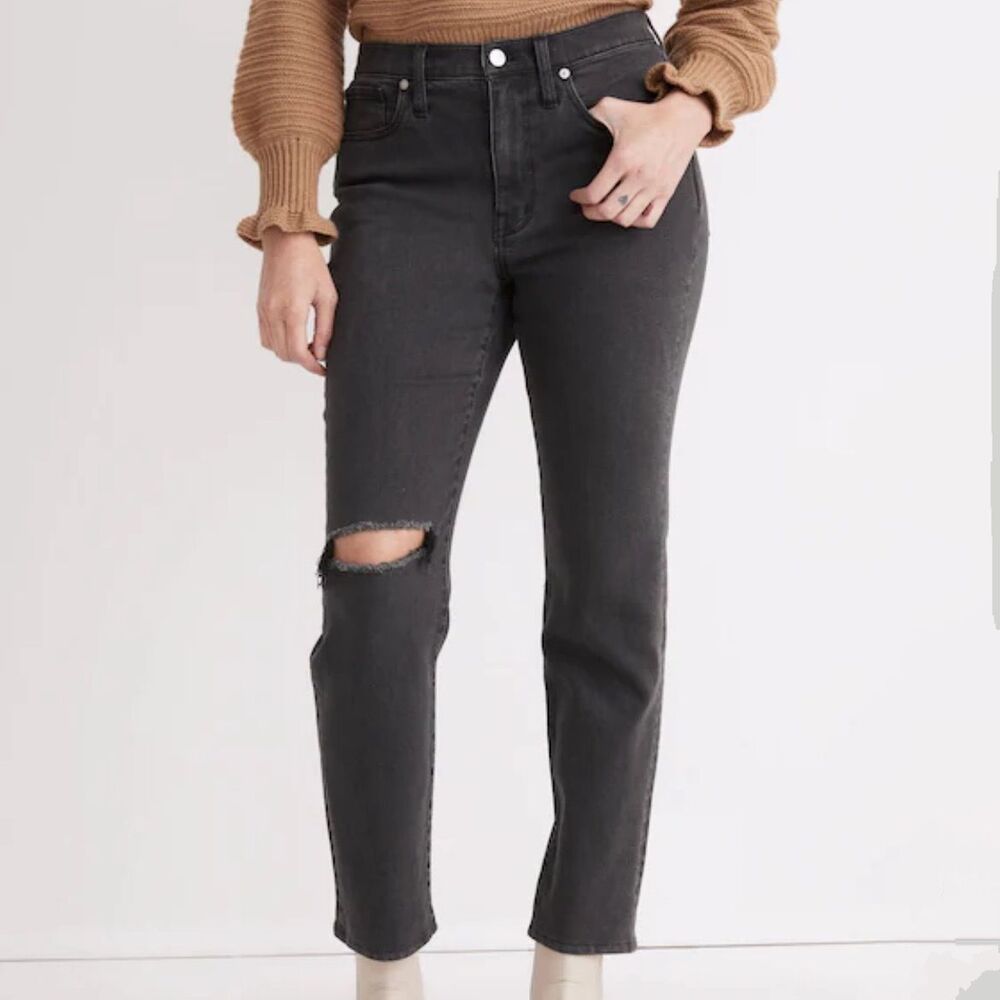 Madewell The Girljean Ripped Knee Jeans Black Adolpha Wash Straight Lg 25 Petite